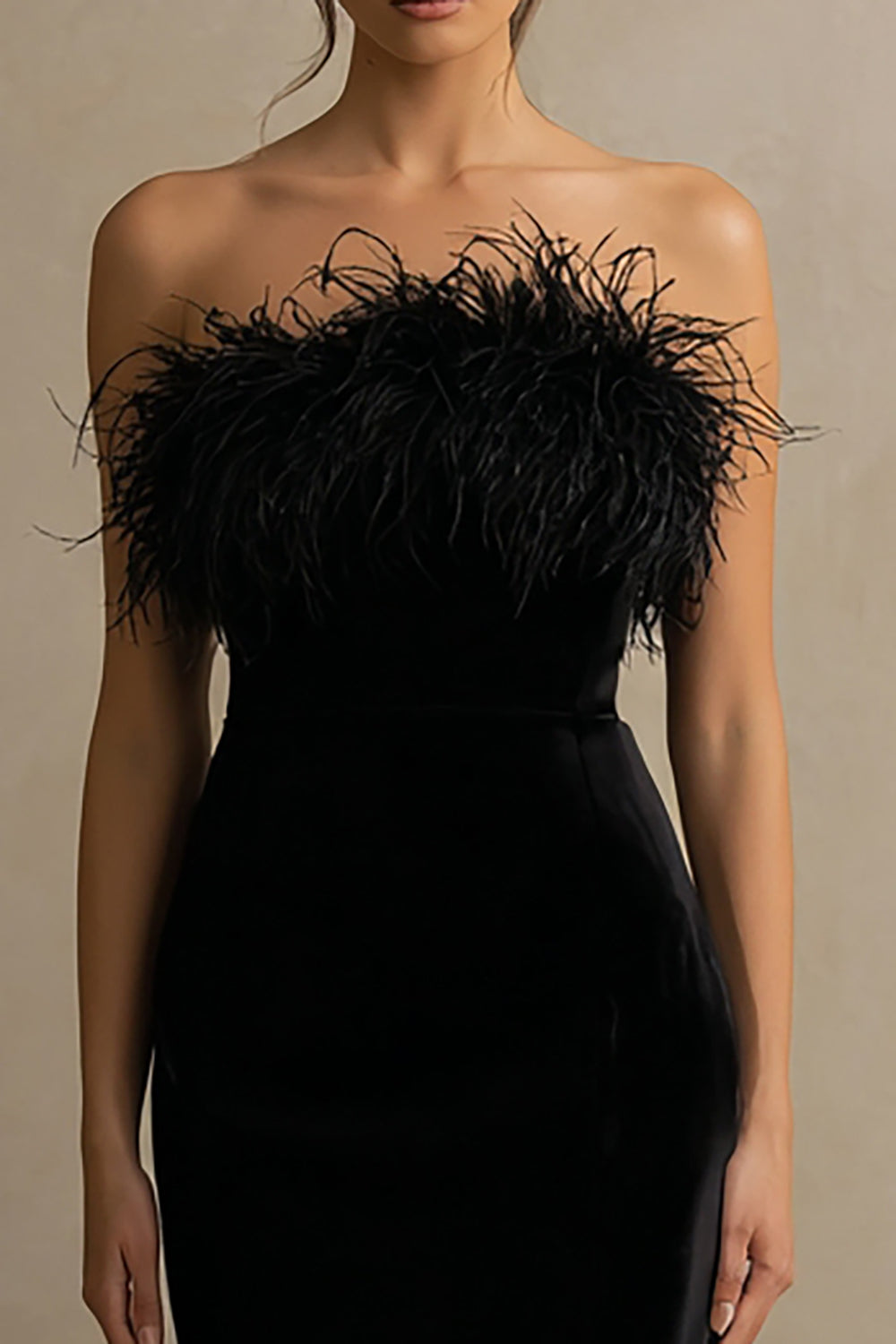 Black Velvet Long Holiday Party Dress with Feathers