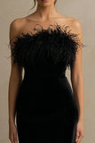 Black Velvet Long Holiday Party Dress with Feathers