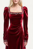 Sparkly Burgundy Velvet A-Line Long Holiday Party Dress with Beading