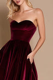 Burgundy A-Line Midi Velvet Holiday Party Dress