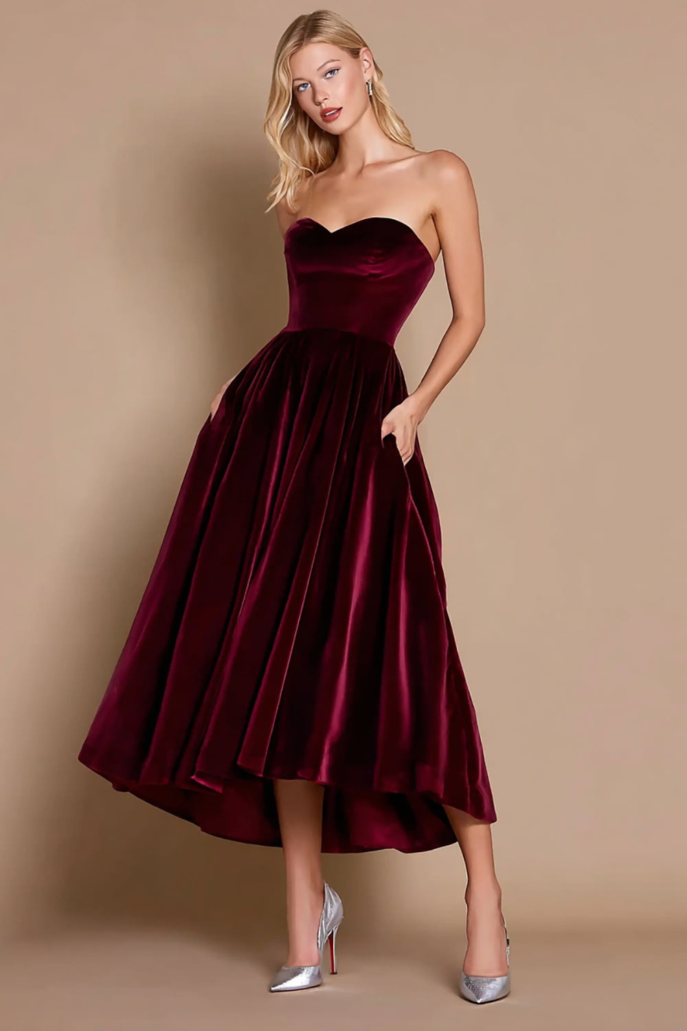 Zapakasa Women Burgundy Velvet Midi Holiday Party Dress A-Line
