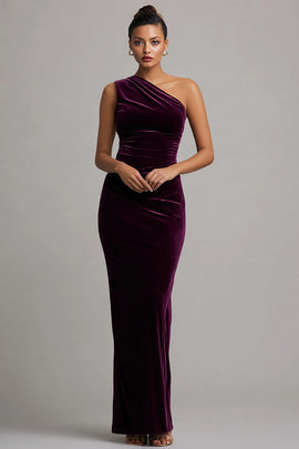 Plum Velvet Mermaid Ruched Long Holiday Party Dress