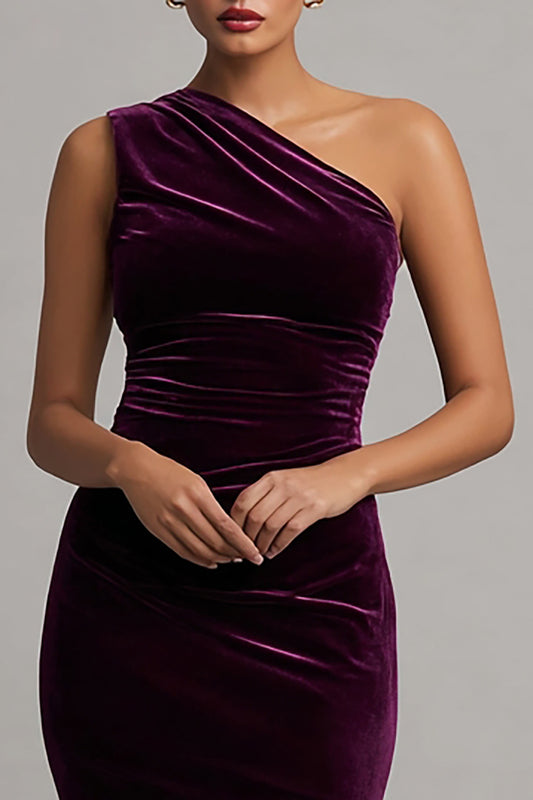 Plum Velvet Mermaid Ruched Long Holiday Party Dress