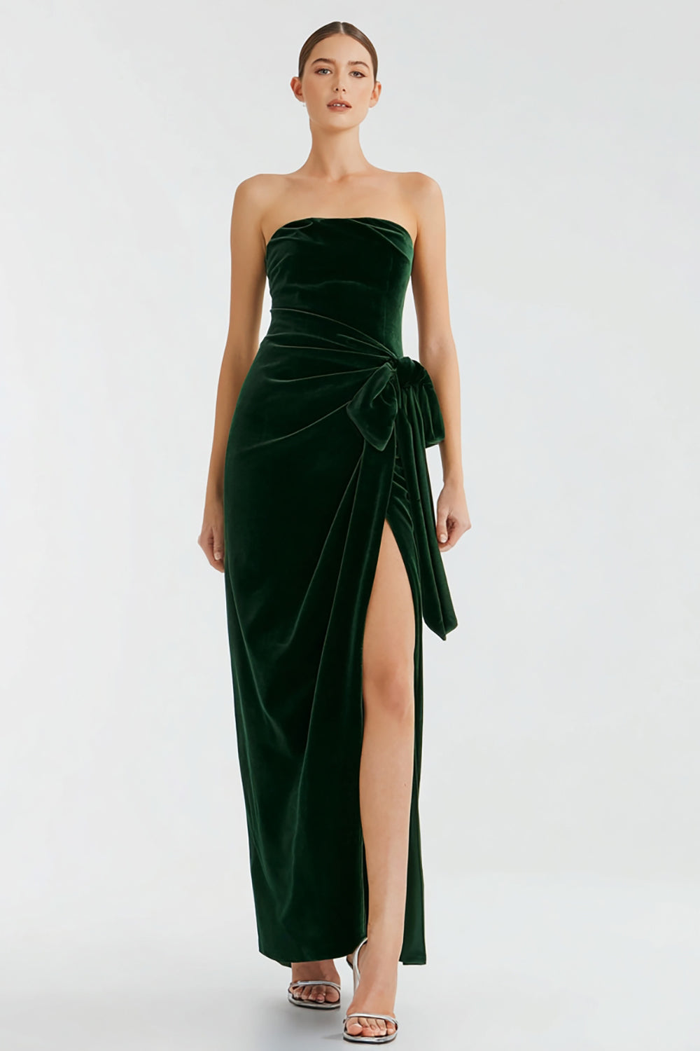 Pine Velvet Long Holiday Party Dress with Slit