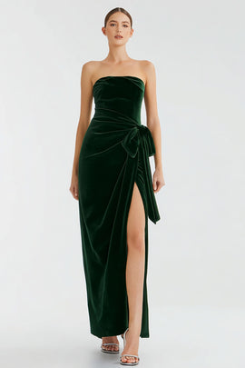Pine Velvet Long Holiday Party Dress with Slit