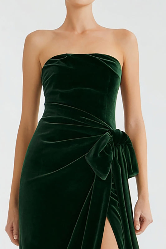 Pine Velvet Long Holiday Party Dress with Slit