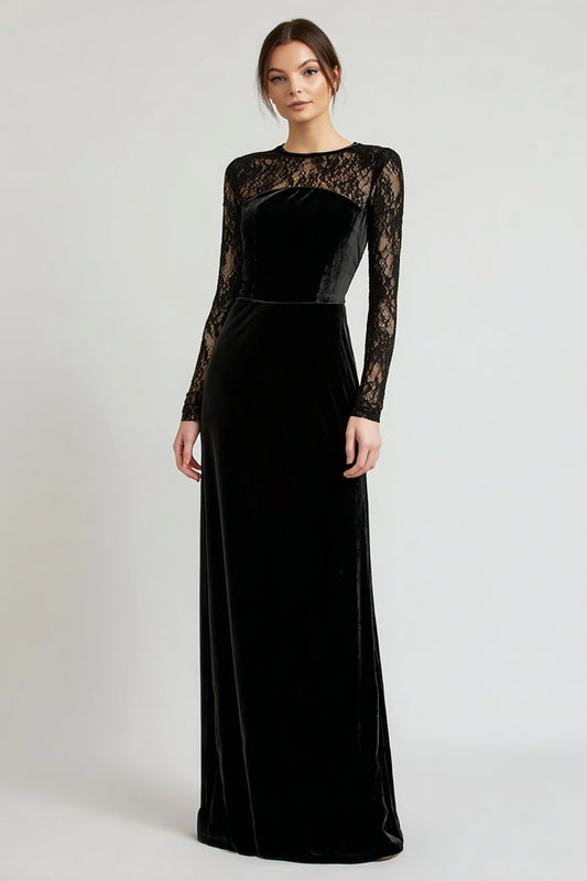 Black Velvet Sheath Long Holiday Party Dress with Lace