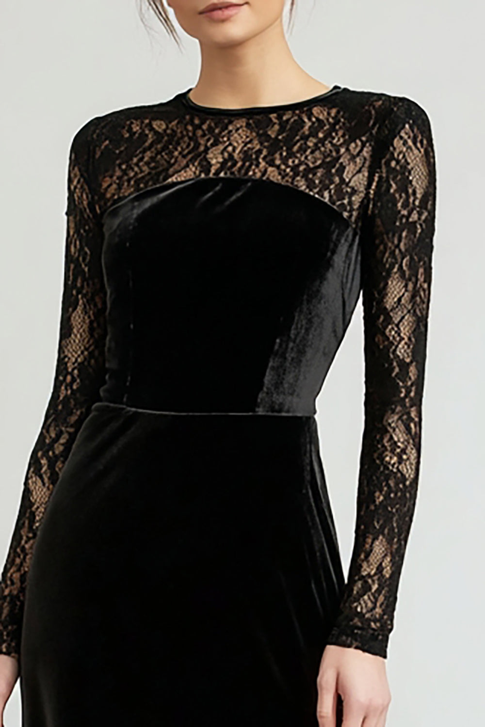Black Velvet Sheath Long Holiday Party Dress with Lace