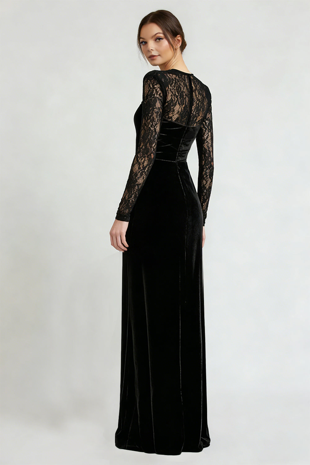 Black Velvet Sheath Long Holiday Party Dress with Lace