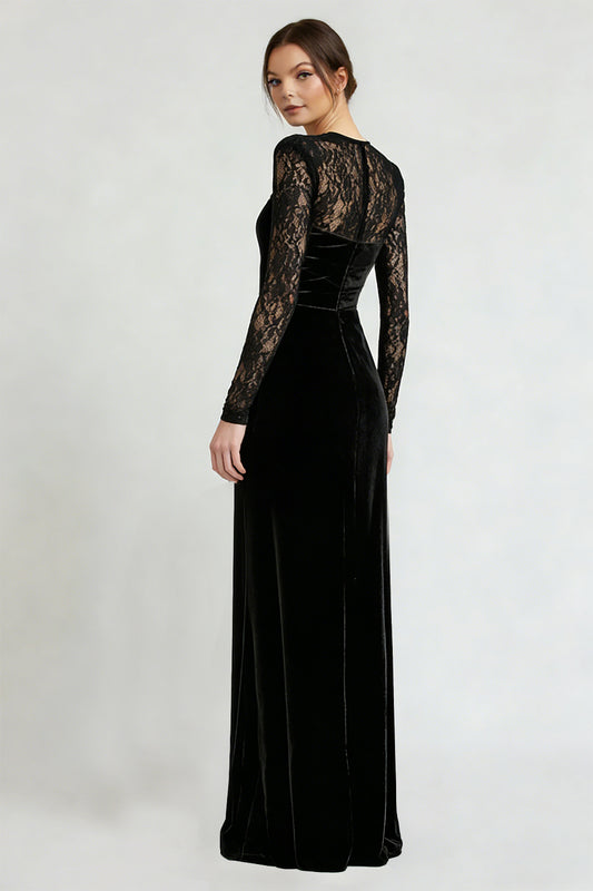 Black Velvet Sheath Long Holiday Party Dress with Lace