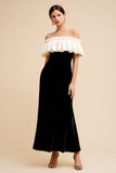 Black and White Velvet Long Holiday Party Dress with Ruffles