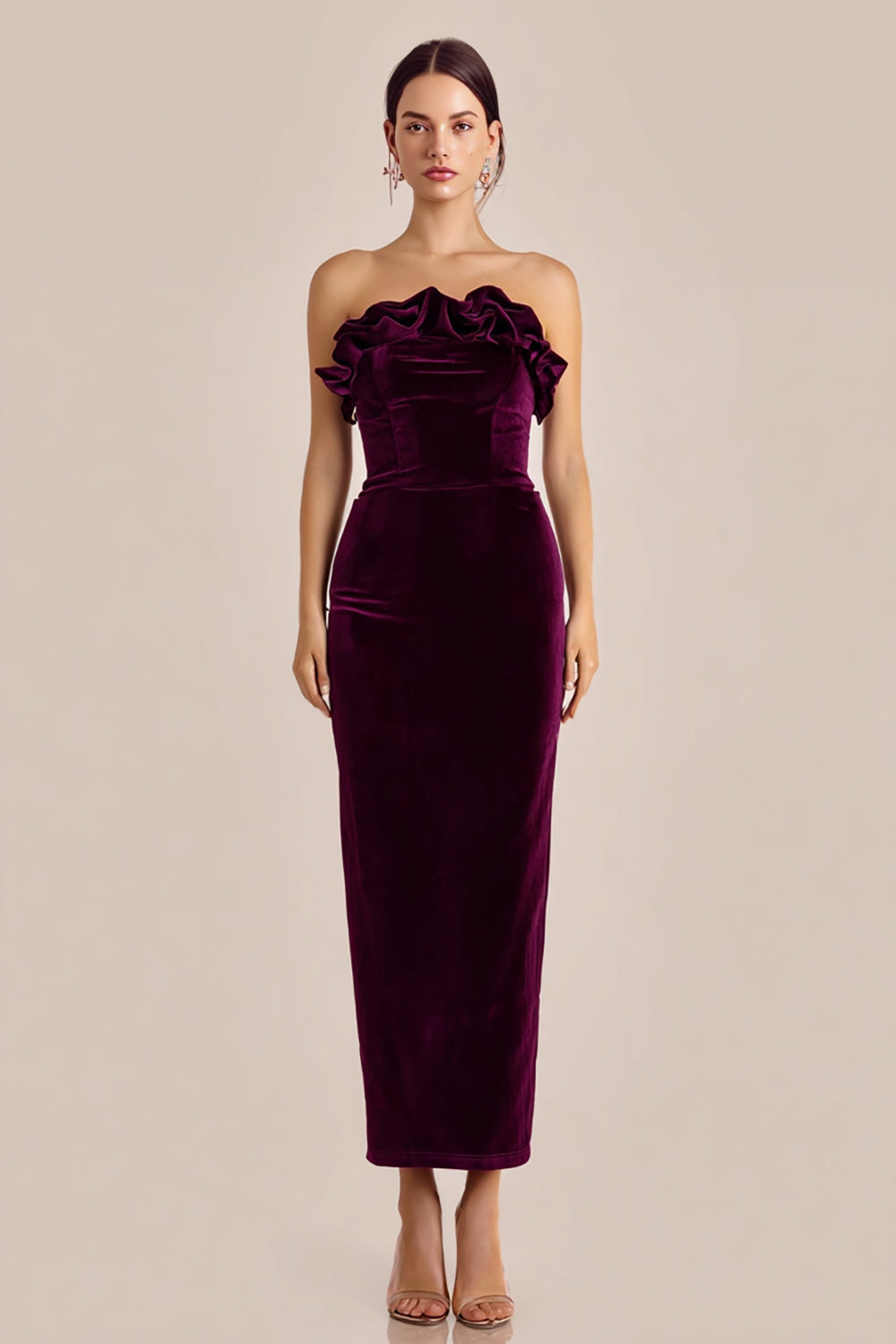 Plum Velvet Long Holiday Party Dress with Ruffles
