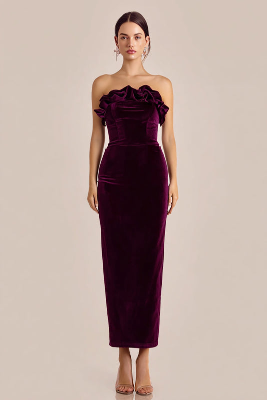 Plum Velvet Long Holiday Party Dress with Ruffles