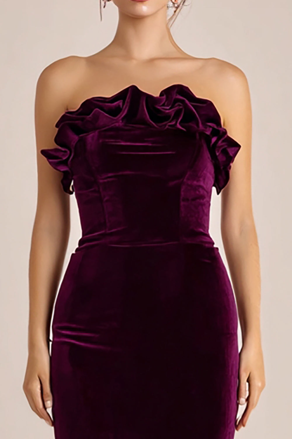 Plum Velvet Long Holiday Party Dress with Ruffles