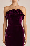 Plum Velvet Long Holiday Party Dress with Ruffles