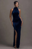 Dark Navy Velvet Sheath Long Holiday Party Dress with Slit