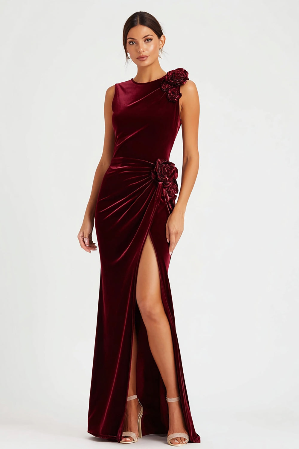Burgundy Velvet Sheath Long Holiday Party Dress with 3D Flowers
