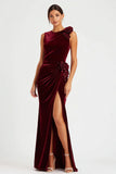 Burgundy Velvet Sheath Long Holiday Party Dress with 3D Flowers