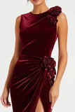 Burgundy Velvet Sheath Long Holiday Party Dress with 3D Flowers