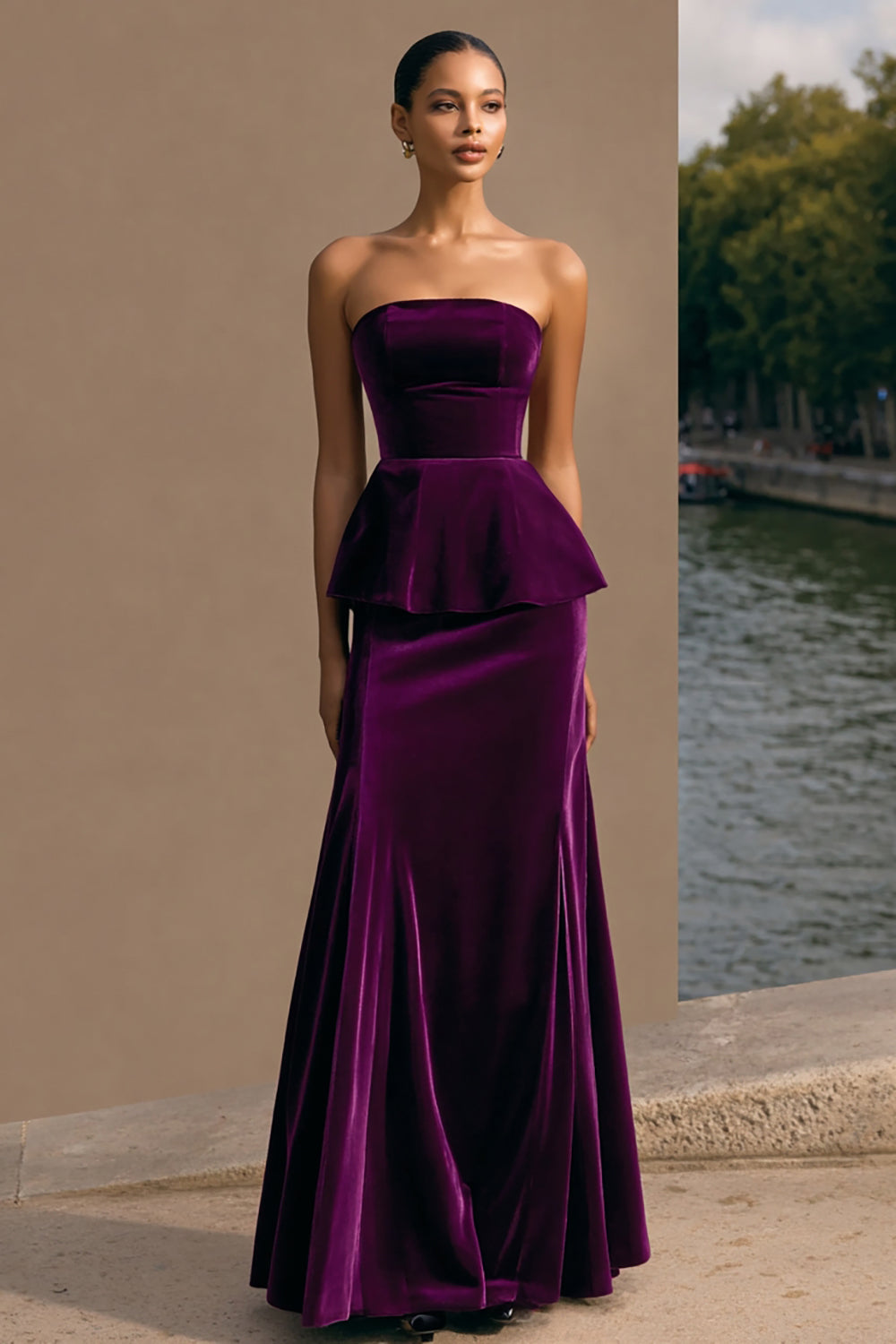 Plum Velvet Sheath Long Holiday Party Dress