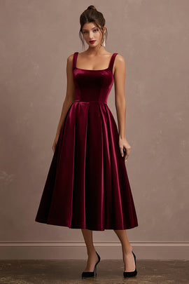 Burgundy Velvet A-Line Midi Holiday Party Dress