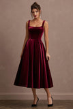 Burgundy Velvet A-Line Midi Holiday Party Dress