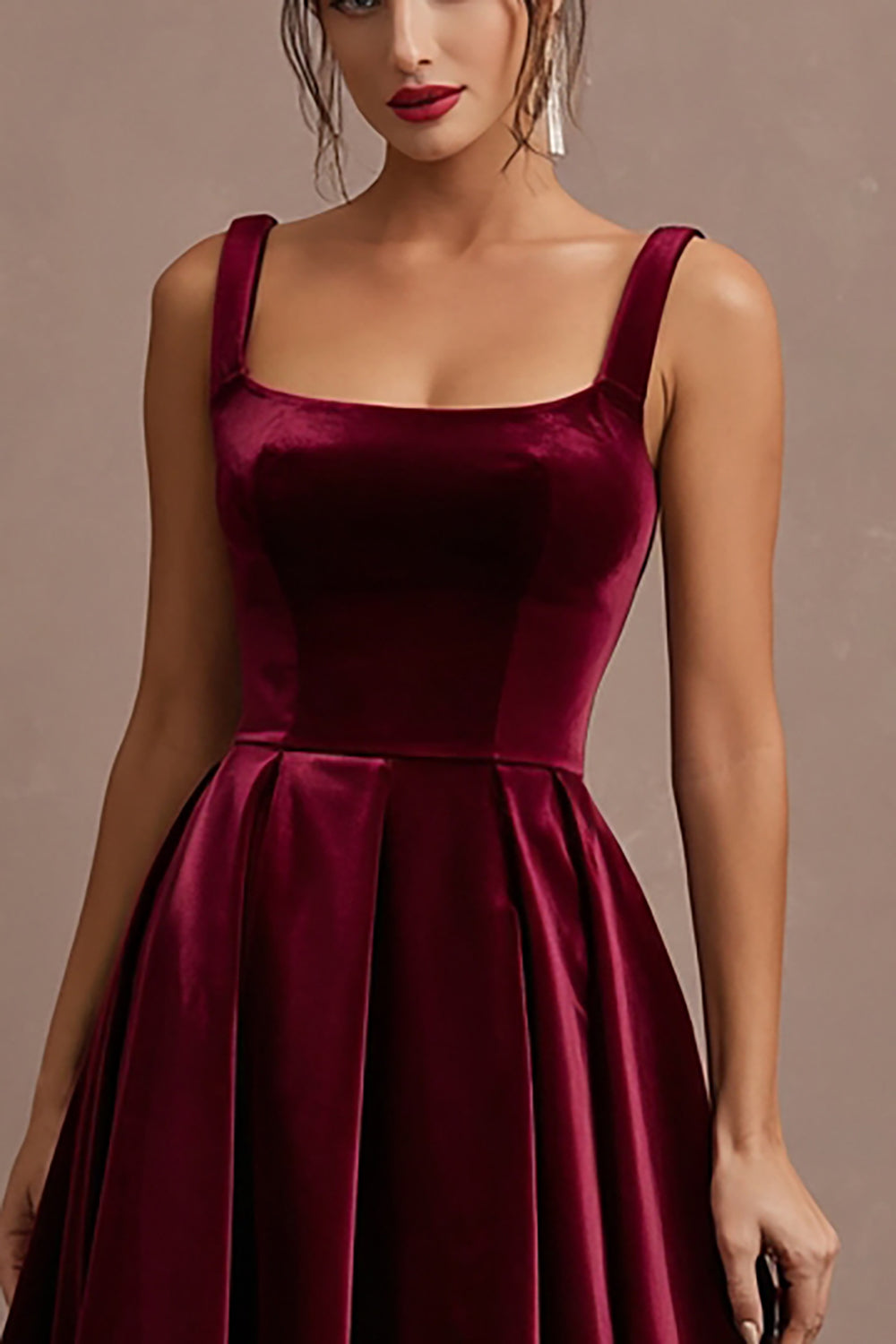Burgundy Velvet A-Line Midi Holiday Party Dress