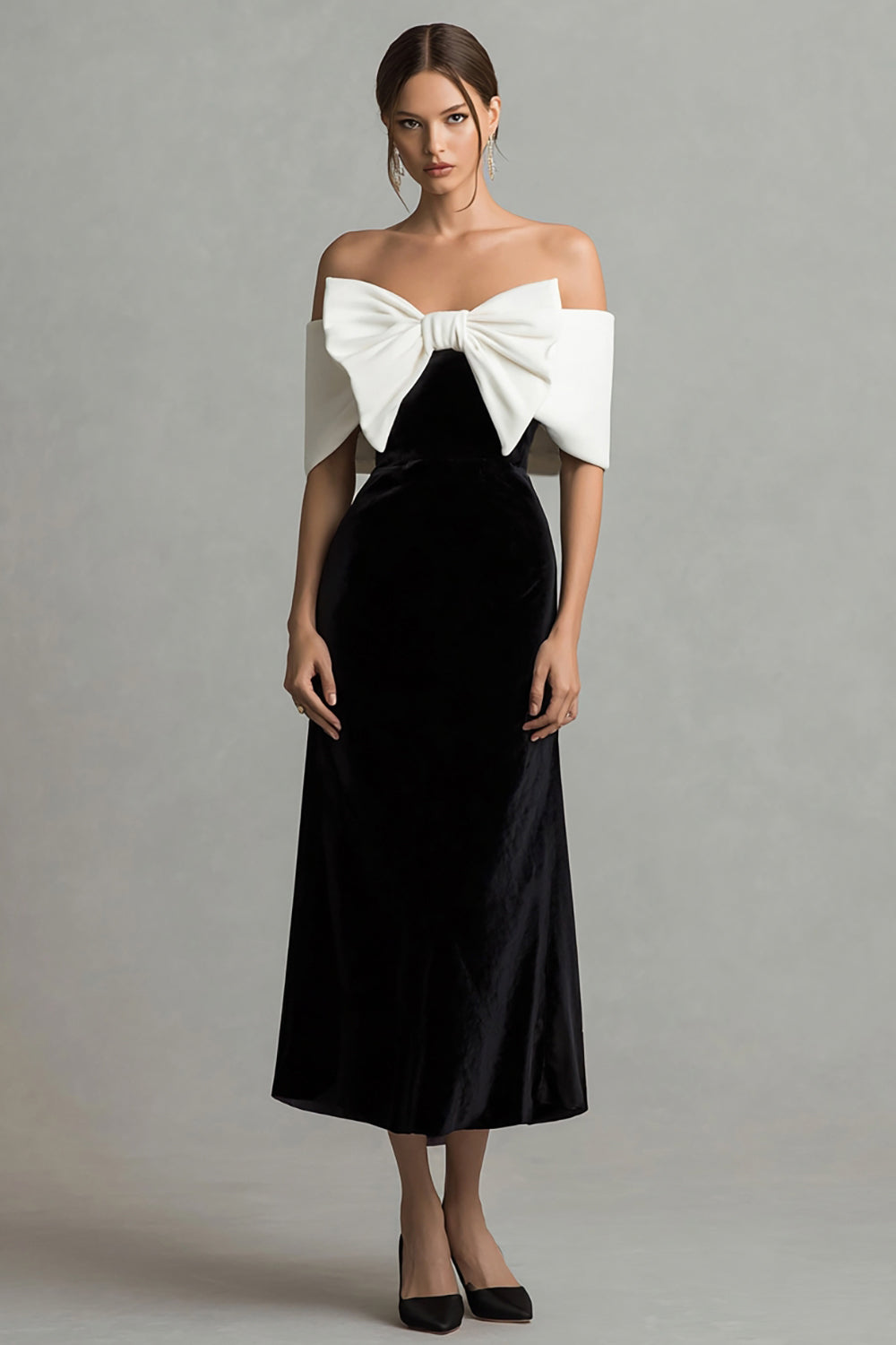 Black and White Velvet Long Holiday Party Dress with Bow
