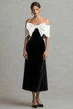 Black and White Velvet Long Holiday Party Dress with Bow