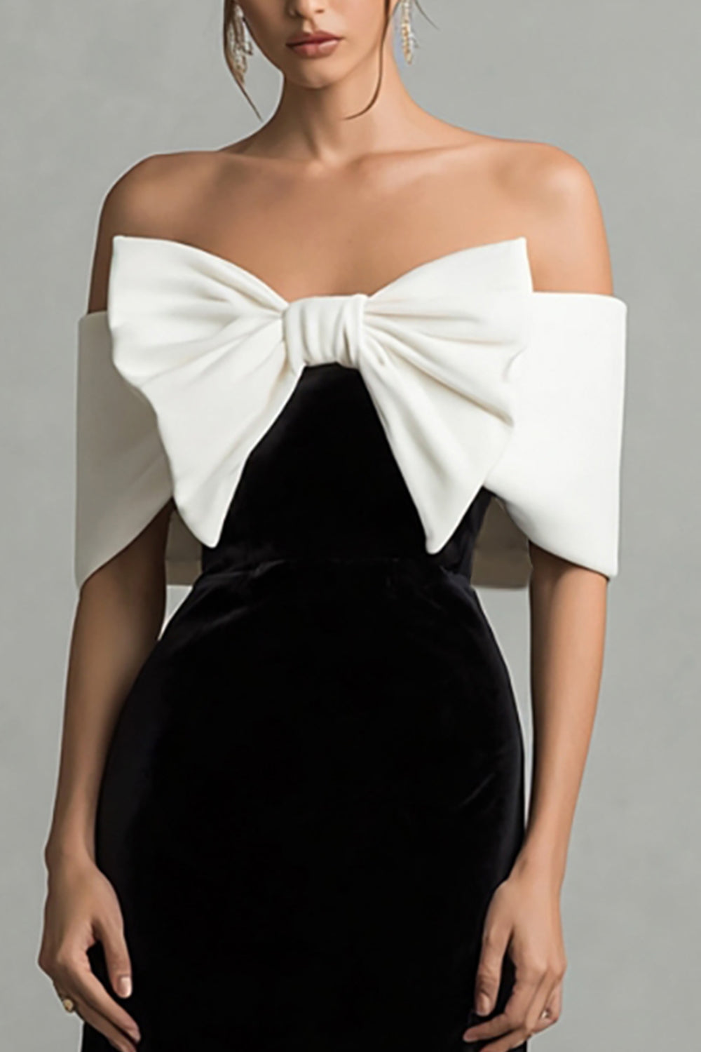 Zapaka Women Black and White A Line Holiday Party Dress with Bow Off the Shoulder Velvet Formal Dress, Black White / US14