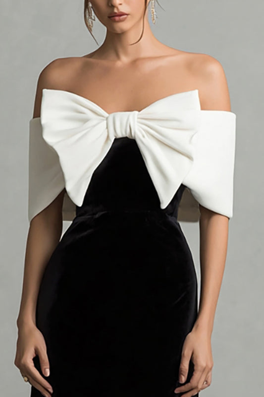 Black and White Velvet Long Holiday Party Dress with Bow