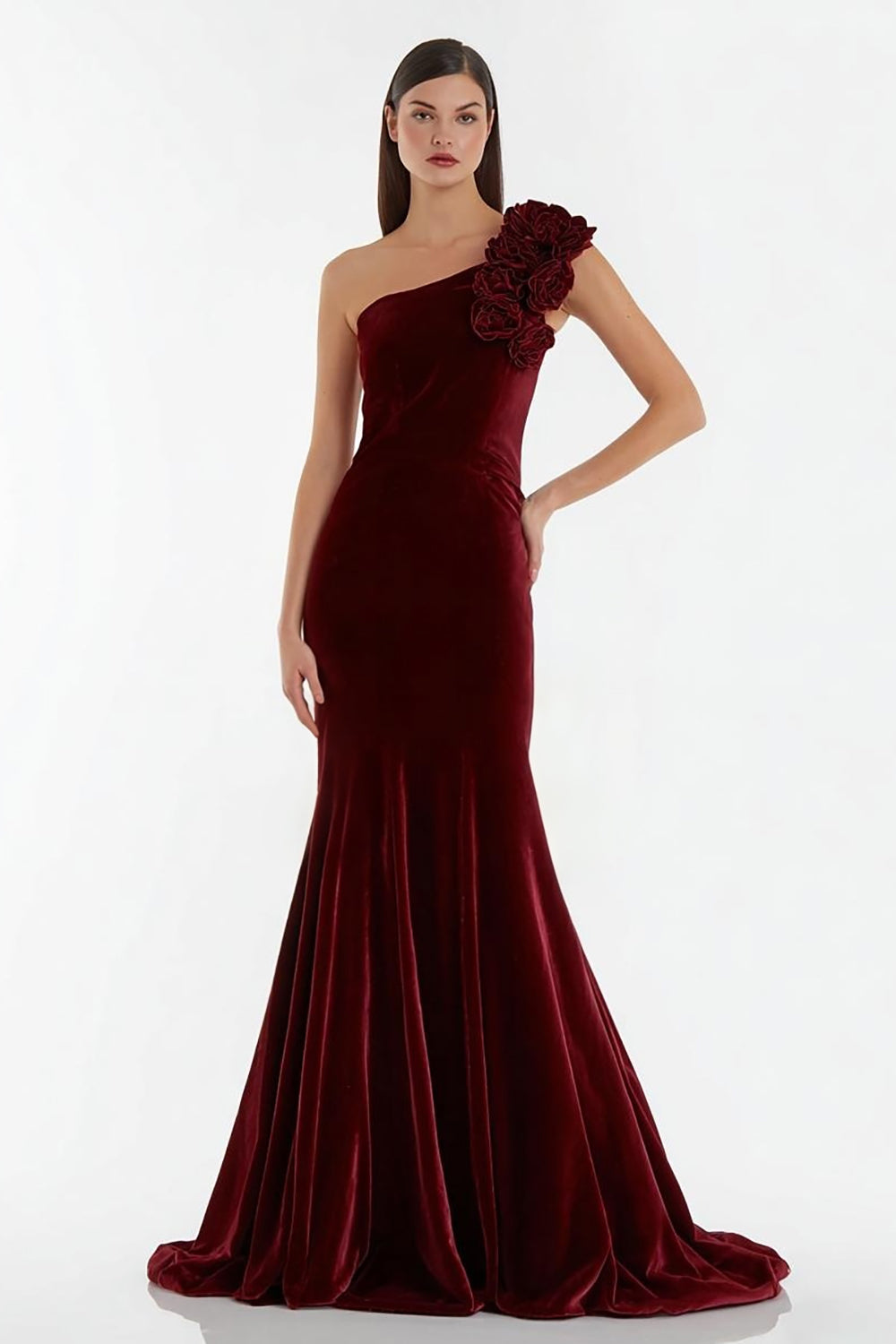 Burgundy Velvet Long Holiday Party Dress with 3D Flowers
