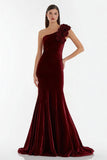 Burgundy Velvet Long Holiday Party Dress with 3D Flowers