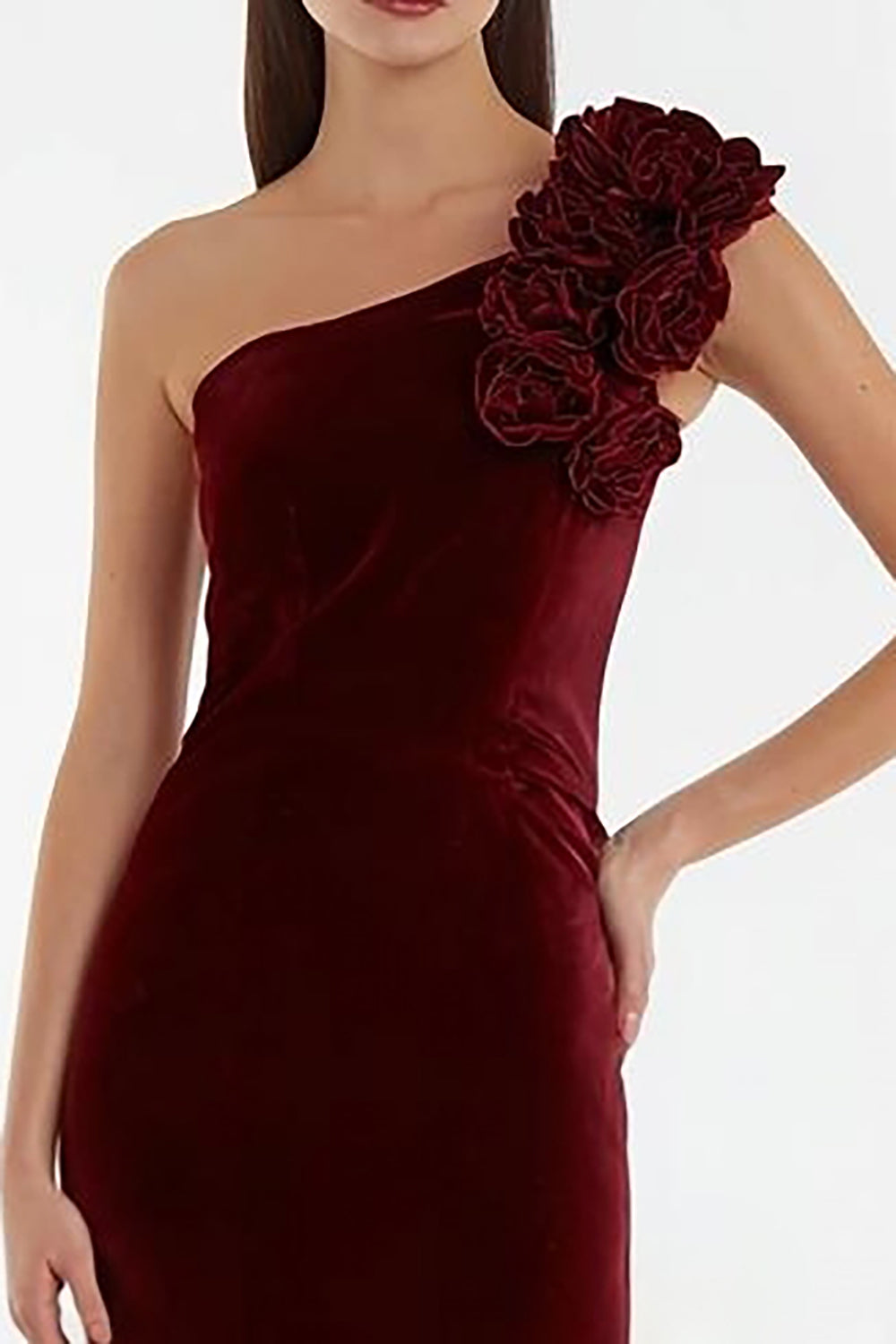 Burgundy Velvet Long Holiday Party Dress with 3D Flowers