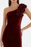 Burgundy Velvet Long Holiday Party Dress with 3D Flowers