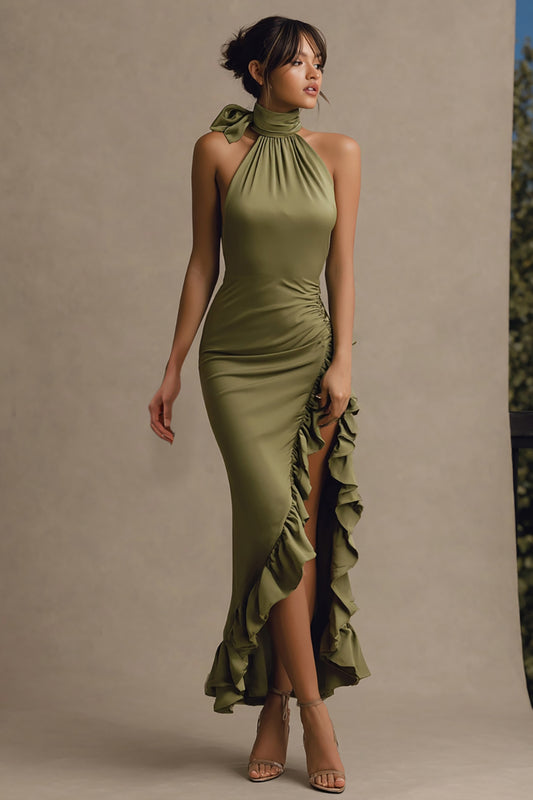 Olive Ruffled Mermaid Long Wedding Guest Dress with Slit