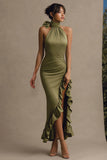 Olive Ruffled Mermaid Long Wedding Guest Dress with Slit