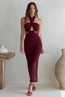 Burgundy Sheath Long Wedding Guest Dress with Keyhole