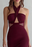 Burgundy Sheath Long Wedding Guest Dress with Keyhole