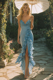 Dusty Blue Mermaid Ruffled Long Wedding Guest Dress with Slit