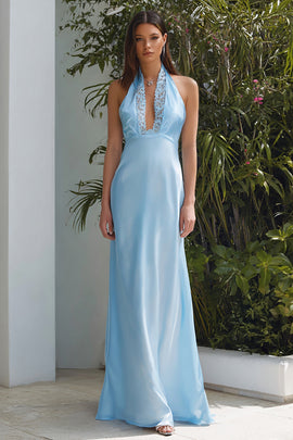 Sky Blue Mermaid Long Wedding Guest Dress with Lace