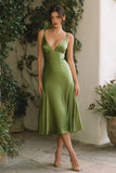 Olive A-Line Spaghetti Straps Midi Wedding Guest Dress