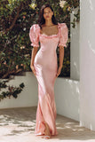 Pink Mermaid Puff Sleeves Ruffled Long Wedding Guest Dress with Slit