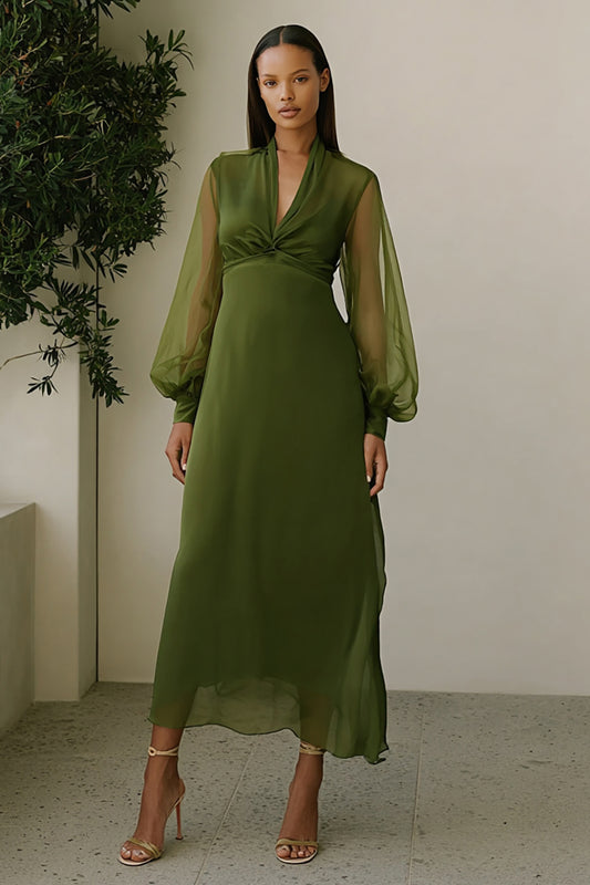 A-Line Olive V-Neck Long Wedding Guest Dress