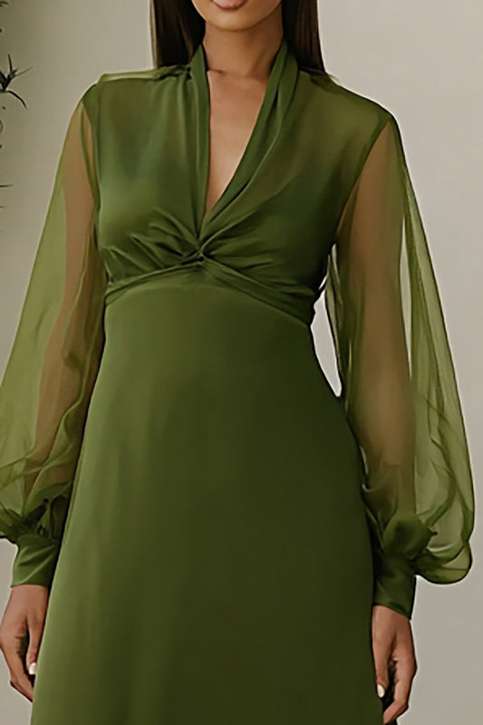 A-Line Olive V-Neck Long Wedding Guest Dress