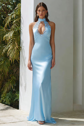 Sky Blue Mermaid Long Wedding Guest Dress with Keyhole