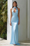 Sky Blue Mermaid Long Wedding Guest Dress with Keyhole