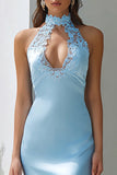 Sky Blue Mermaid Long Wedding Guest Dress with Keyhole