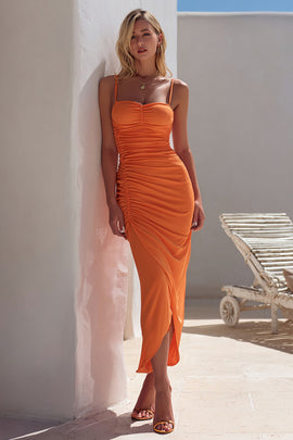 Orange Sheath Ruched Long Wedding Guest Dress with Slit