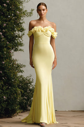 Daffodil Mermaid Corset Long Wedding Guest Dress with 3D Flowers